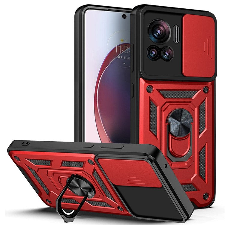 PC + TPU Phone Cover For Motorola Moto X30 Pro 5G / Edge 30 Ultra 5G Ring Kickstand Anti-fall Phone Case with Slide Camera Lid - Red