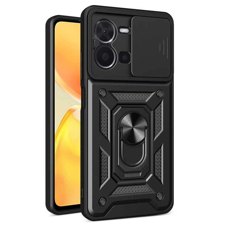 For vivo Y35 4G (2022) Drop Proof PC + TPU Hybrid Cover with Ring Kickstand Phone Case with Slide Camera Protector - Black