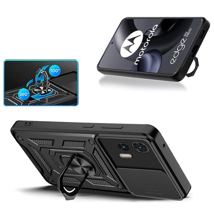 For Motorola Edge 30 Neo 5G  /  Edge 30 Lite Fall Prevention PC + TPU Hybrid Cover with Ring Kickstand Phone Case with Slide Camera Protector - Black
