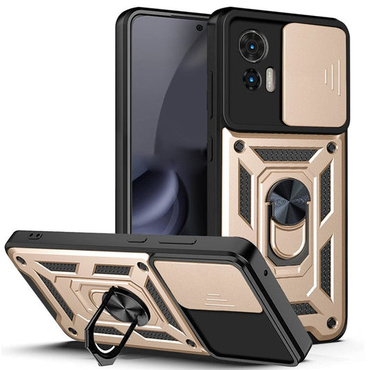 For Motorola Edge 30 Neo 5G  /  Edge 30 Lite Fall Prevention PC + TPU Hybrid Cover with Ring Kickstand Phone Case with Slide Camera Protector - Gold