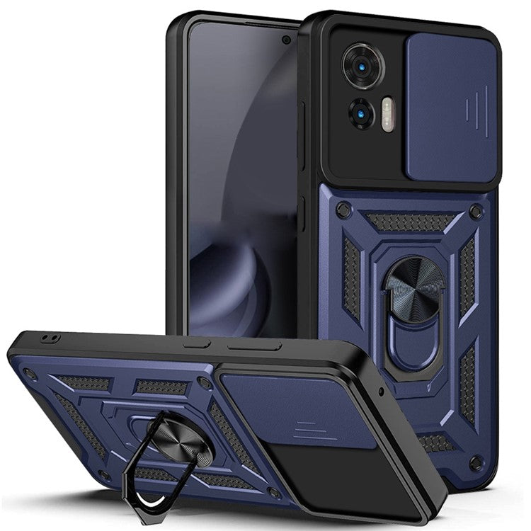 For Motorola Edge 30 Neo 5G  /  Edge 30 Lite Fall Prevention PC + TPU Hybrid Cover with Ring Kickstand Phone Case with Slide Camera Protector - Blue