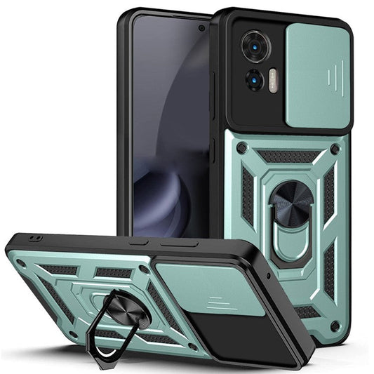 For Motorola Edge 30 Neo 5G  /  Edge 30 Lite Fall Prevention PC + TPU Hybrid Cover with Ring Kickstand Phone Case with Slide Camera Protector - Green