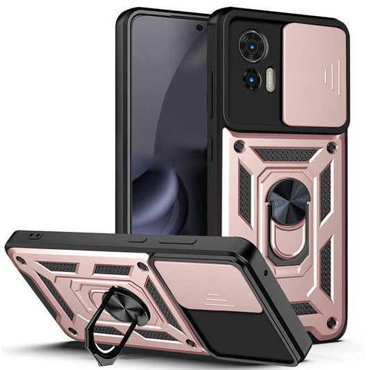 For Motorola Edge 30 Neo 5G  /  Edge 30 Lite Fall Prevention PC + TPU Hybrid Cover with Ring Kickstand Phone Case with Slide Camera Protector - Rose Gold
