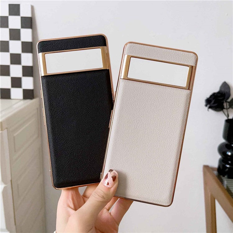 For Google Pixel 7 Pro 5G Nano Electroplating Protective Case Textured Genuine Cowhide Leather Coating PC+TPU Phone Back Cover - Black