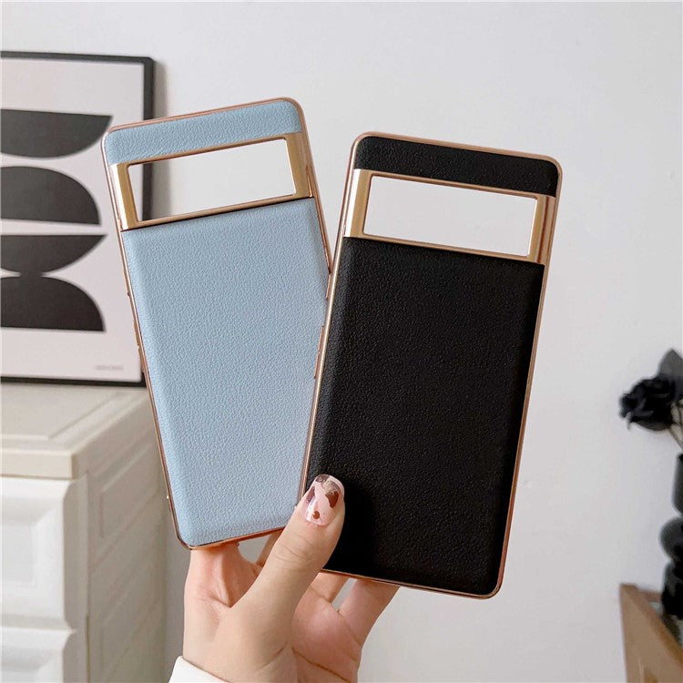 For Google Pixel 7 Pro 5G Nano Electroplating Protective Case Textured Genuine Cowhide Leather Coating PC+TPU Phone Back Cover - Black