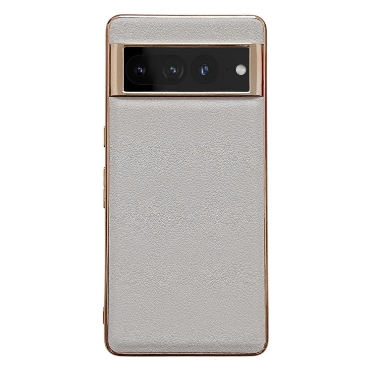 For Google Pixel 7 Pro 5G Nano Electroplating Protective Case Textured Genuine Cowhide Leather Coating PC+TPU Phone Back Cover - Grey