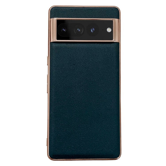 For Google Pixel 7 Pro 5G Nano Electroplating Protective Case Textured Genuine Cowhide Leather Coating PC+TPU Phone Back Cover - Blackish Green