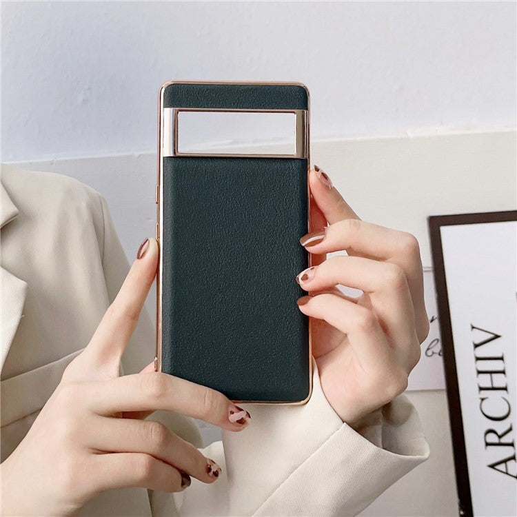 For Google Pixel 7 Pro 5G Nano Electroplating Protective Case Textured Genuine Cowhide Leather Coating PC+TPU Phone Back Cover - Blackish Green