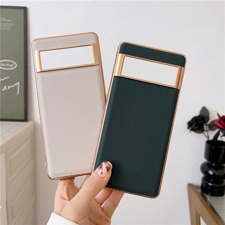 For Google Pixel 7 Pro 5G Nano Electroplating Protective Case Textured Genuine Cowhide Leather Coating PC+TPU Phone Back Cover - Blackish Green