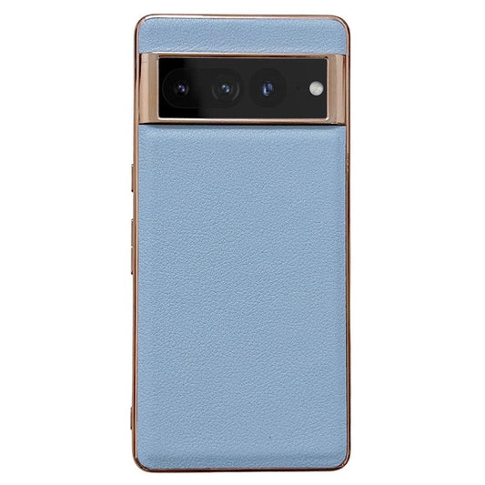 For Google Pixel 7 Pro 5G Nano Electroplating Protective Case Textured Genuine Cowhide Leather Coating PC+TPU Phone Back Cover - Blue