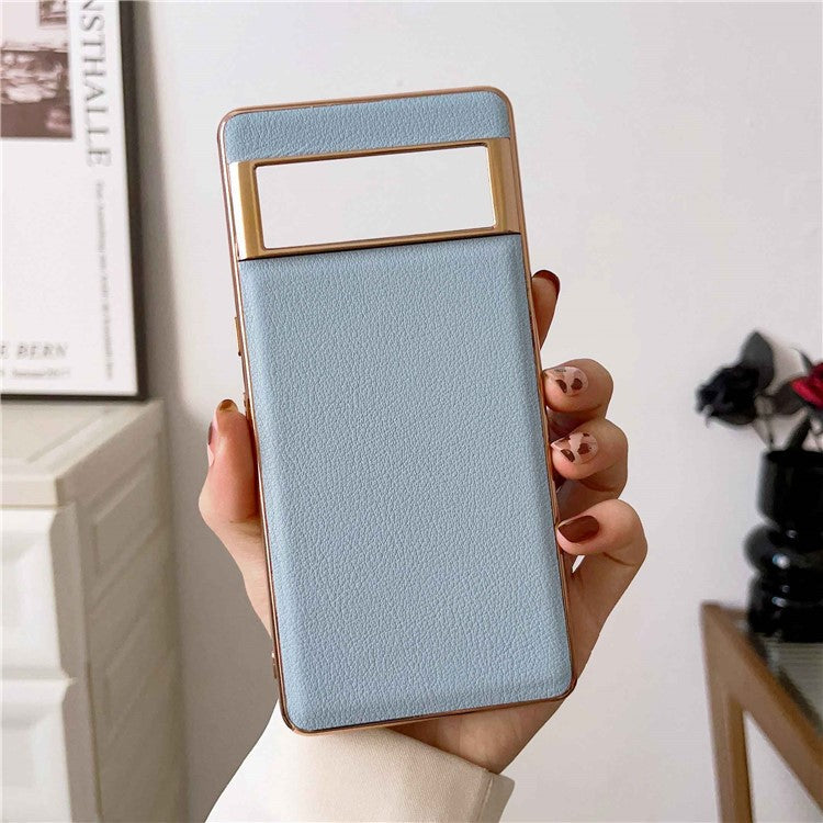 For Google Pixel 7 Pro 5G Nano Electroplating Protective Case Textured Genuine Cowhide Leather Coating PC+TPU Phone Back Cover - Blue