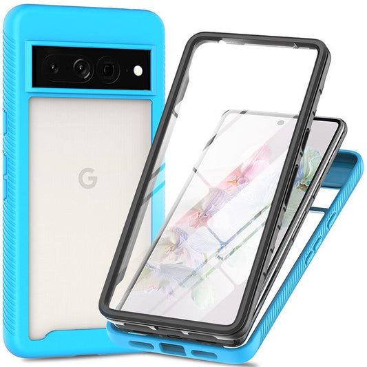 For Google Pixel 7 Pro 5G PET Screen Protector Phone Case Hard PC + Soft TPU Shockproof Cover - Baby Blue