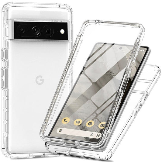 For Google Pixel 7 Pro 5G Phone Case 3-in-1 PC + TPU Cell Phone Shell Gradient Shockproof Case with PET Screen Protector - Transparent