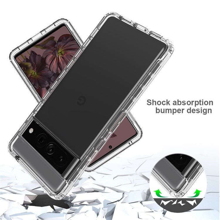 For Google Pixel 7 Pro 5G Phone Case 3-in-1 PC + TPU Cell Phone Shell Gradient Shockproof Case with PET Screen Protector - Transparent