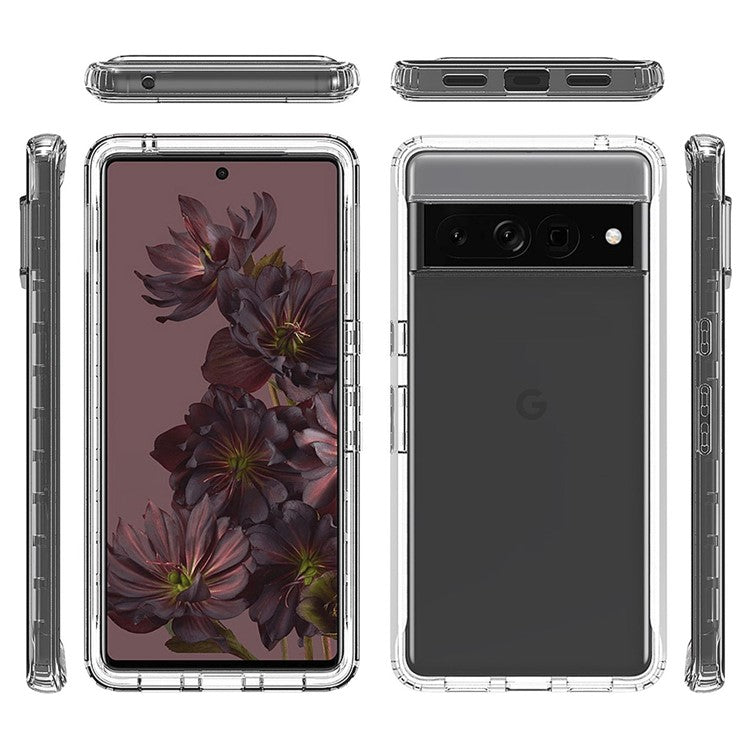 For Google Pixel 7 Pro 5G Phone Case 3-in-1 PC + TPU Cell Phone Shell Gradient Shockproof Case with PET Screen Protector - Transparent