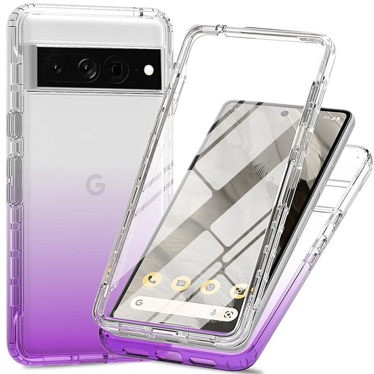 For Google Pixel 7 Pro 5G Phone Case 3-in-1 PC + TPU Cell Phone Shell Gradient Shockproof Case with PET Screen Protector - Purple