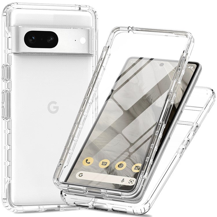 For Google Pixel 7 5G 3-in-1 Hybrid PC + TPU Cell Phone Shell Cover Gradient Shockproof Case with PET Screen Protector - Transparent