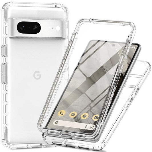 For Google Pixel 7 5G 3-in-1 Hybrid PC + TPU Cell Phone Shell Cover Gradient Shockproof Case with PET Screen Protector - Transparent