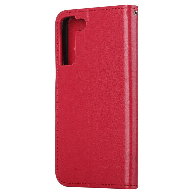 For Samsung Galaxy S23 Butterfly Flower Imprinted PU Leather Phone Case Wallet Hands-free Stand Smartphone Cover - Red