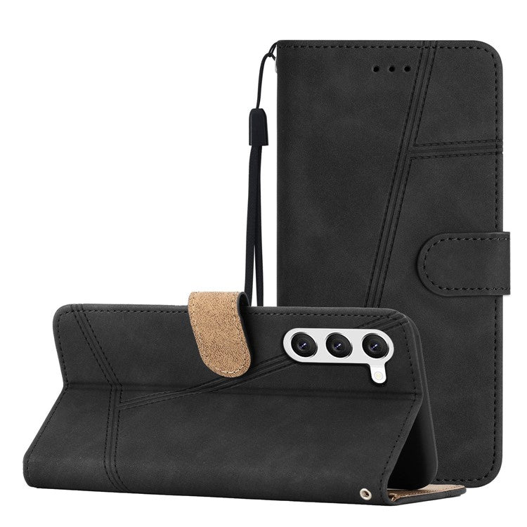 Cell Phone Case Wallet for Samsung Galaxy S23+, Skin-touch Feeling Retro PU Leather Sewing Line Decor Phone Cover - Black