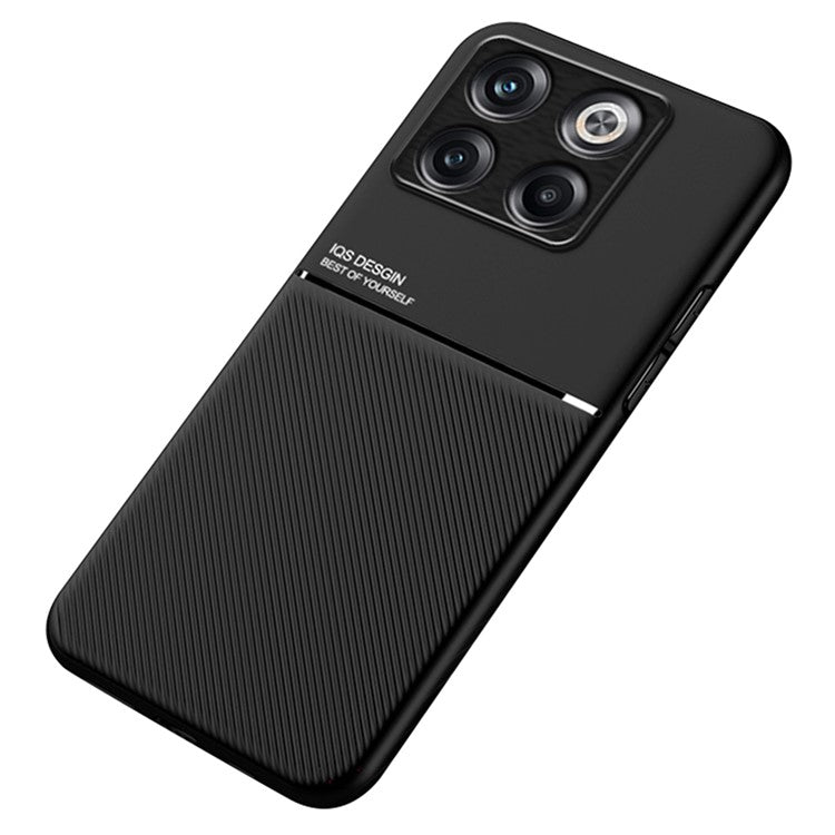 For OnePlus Ace Pro 5G / 10T 5G Lines Imprinted PU Leather+TPU Back Case with Built-in Metal Sheet Hybrid Shell - Black