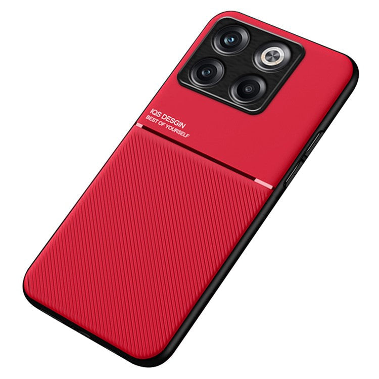 For OnePlus Ace Pro 5G / 10T 5G Lines Imprinted PU Leather+TPU Back Case with Built-in Metal Sheet Hybrid Shell - Red