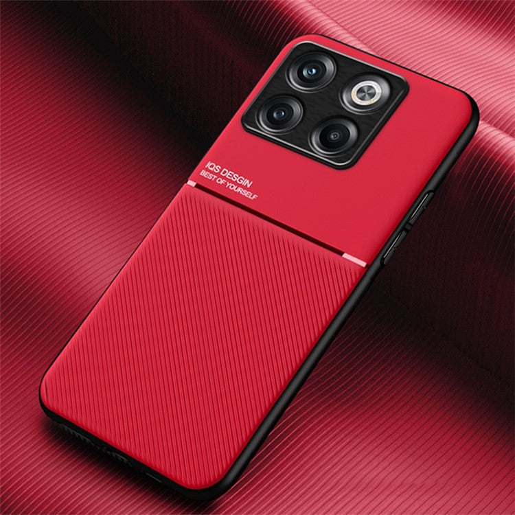 For OnePlus Ace Pro 5G / 10T 5G Lines Imprinted PU Leather+TPU Back Case with Built-in Metal Sheet Hybrid Shell - Red