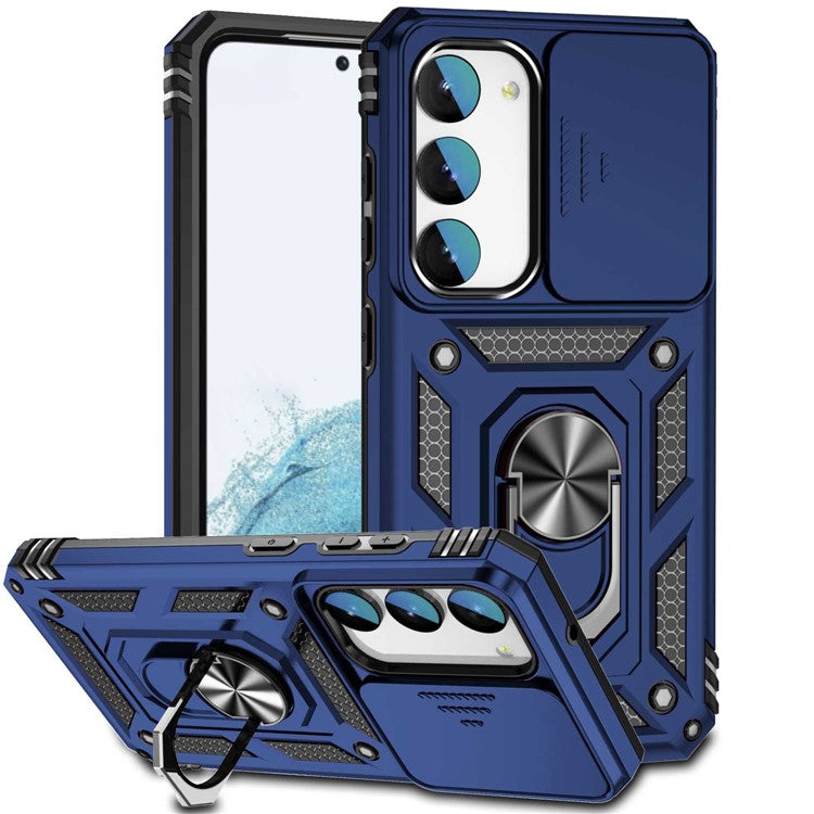 For Samsung Galaxy S23 Back Case, Slide Camera Protector Design Shockproof PC + TPU Protective Phone Cover with Metal Ring Kickstand - Blue