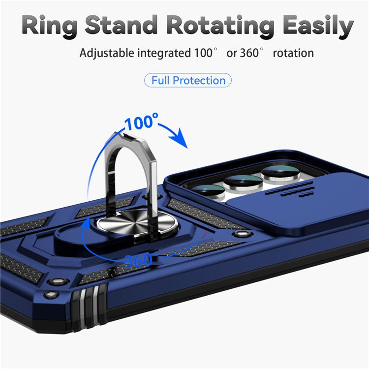 For Samsung Galaxy S23 Back Case, Slide Camera Protector Design Shockproof PC + TPU Protective Phone Cover with Metal Ring Kickstand - Blue