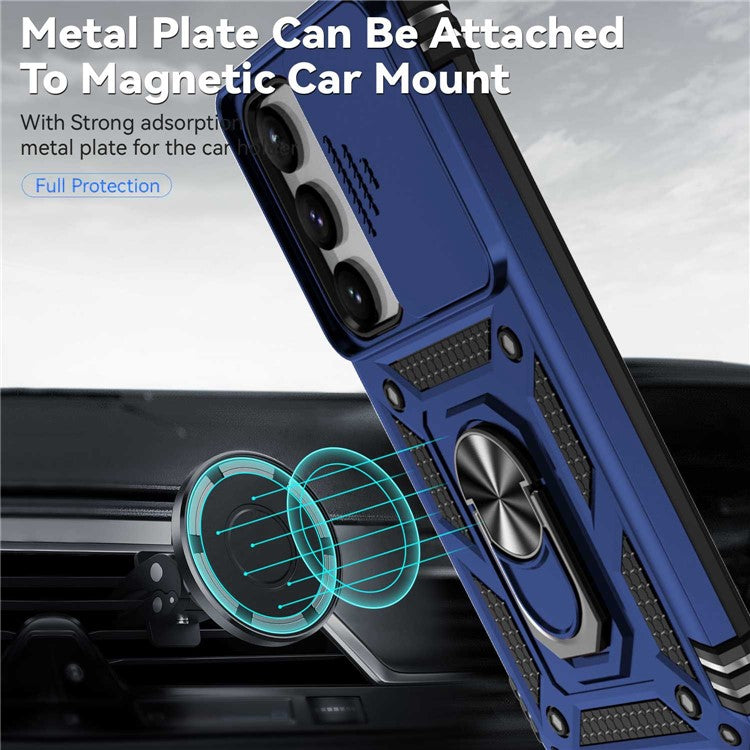 For Samsung Galaxy S23 Back Case, Slide Camera Protector Design Shockproof PC + TPU Protective Phone Cover with Metal Ring Kickstand - Blue