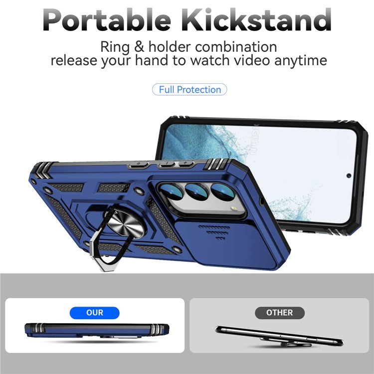 For Samsung Galaxy S23 Back Case, Slide Camera Protector Design Shockproof PC + TPU Protective Phone Cover with Metal Ring Kickstand - Blue