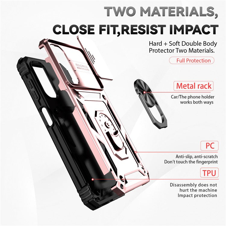 For Samsung Galaxy A14 5G / A14 4G Case PC+TPU Slide Camera Protector Phone Cover with Kickstand - Rose Gold
