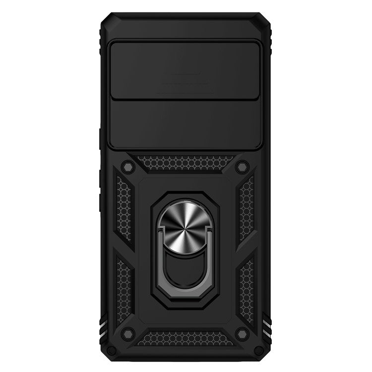 Ring Kickstand Protective Case for Google Pixel 7 Pro 5G, Slide Camera Lid Design PC + TPU Anti-drop Back Cover - Black