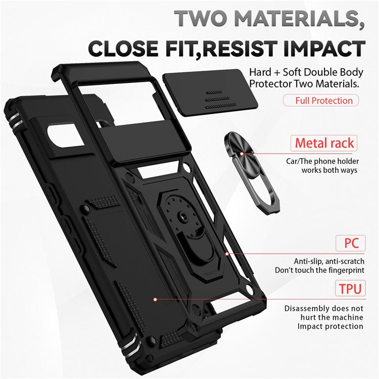 Ring Kickstand Protective Case for Google Pixel 7 Pro 5G, Slide Camera Lid Design PC + TPU Anti-drop Back Cover - Black