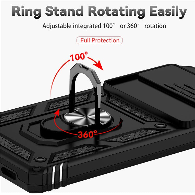 Ring Kickstand Protective Case for Google Pixel 7 Pro 5G, Slide Camera Lid Design PC + TPU Anti-drop Back Cover - Black