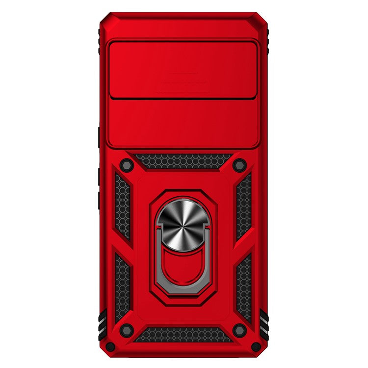 Ring Kickstand Protective Case for Google Pixel 7 Pro 5G, Slide Camera Lid Design PC + TPU Anti-drop Back Cover - Red