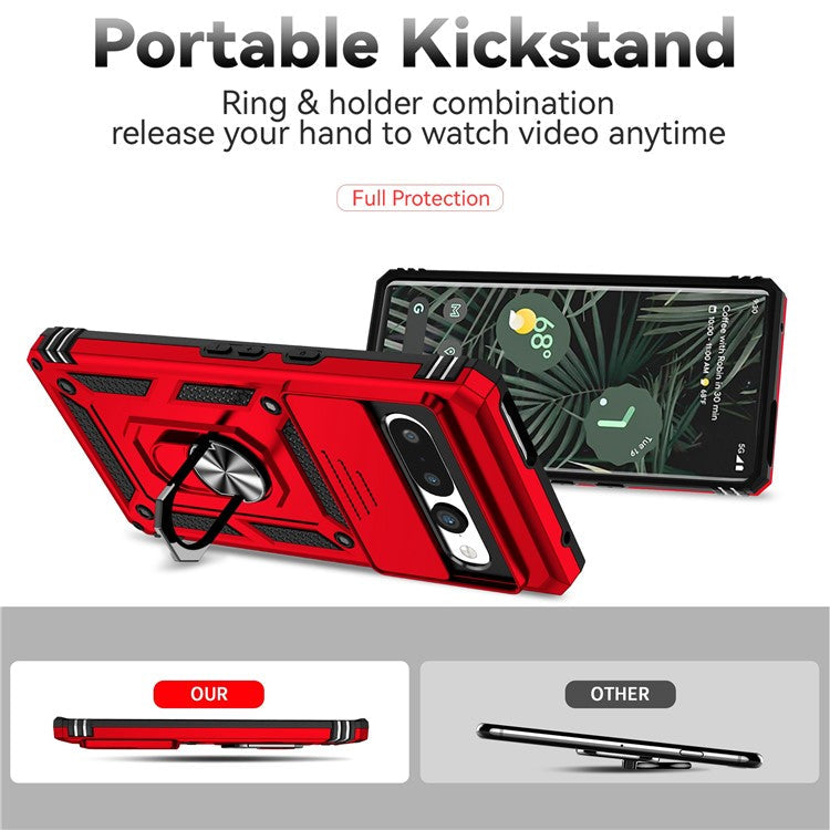 Ring Kickstand Protective Case for Google Pixel 7 Pro 5G, Slide Camera Lid Design PC + TPU Anti-drop Back Cover - Red