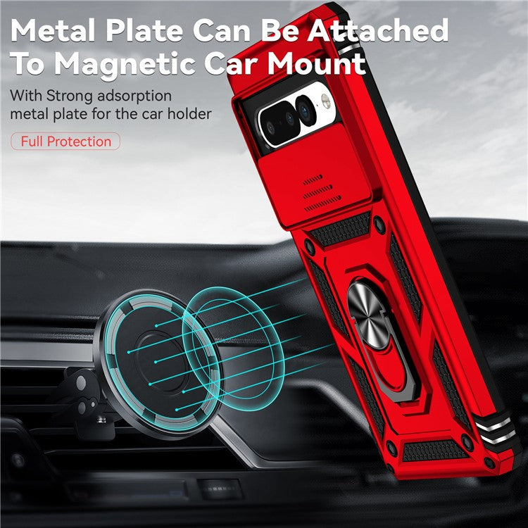 Ring Kickstand Protective Case for Google Pixel 7 Pro 5G, Slide Camera Lid Design PC + TPU Anti-drop Back Cover - Red