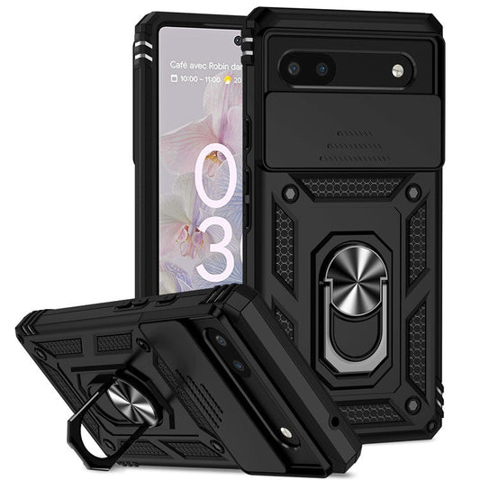 Drop-proof Back Case for Google Pixel 6a, Slide Camera Protector Design PC + TPU Protective Phone Cover with Metal Ring Kickstand - Black