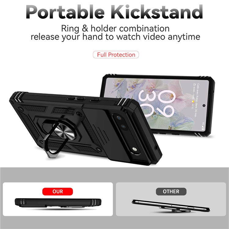 Drop-proof Back Case for Google Pixel 6a, Slide Camera Protector Design PC + TPU Protective Phone Cover with Metal Ring Kickstand - Black