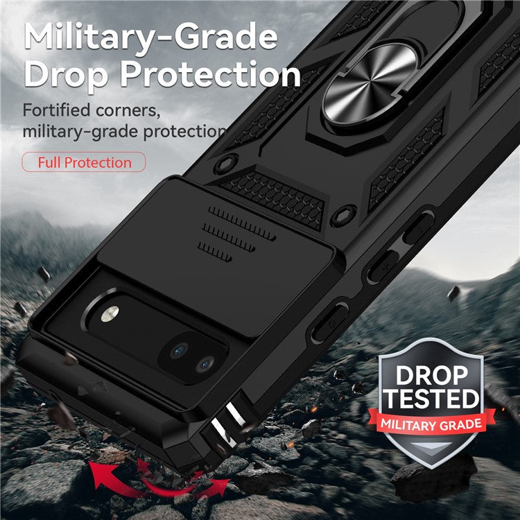 Drop-proof Back Case for Google Pixel 6a, Slide Camera Protector Design PC + TPU Protective Phone Cover with Metal Ring Kickstand - Black