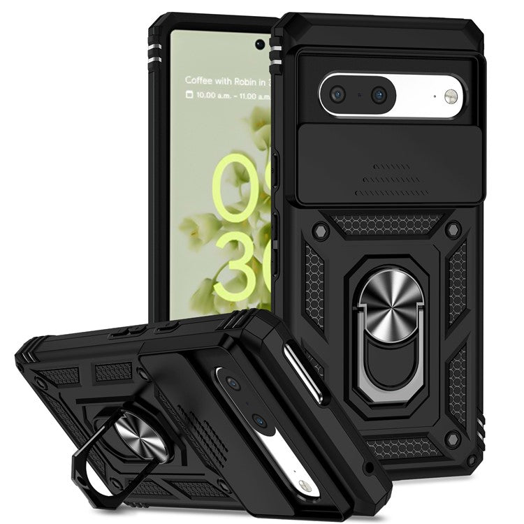 For Google Pixel 7 5G Drop-proof Protective Cover Metal Ring Kickstand PC + TPU Phone Back Case with Slide Camera Protector - Black