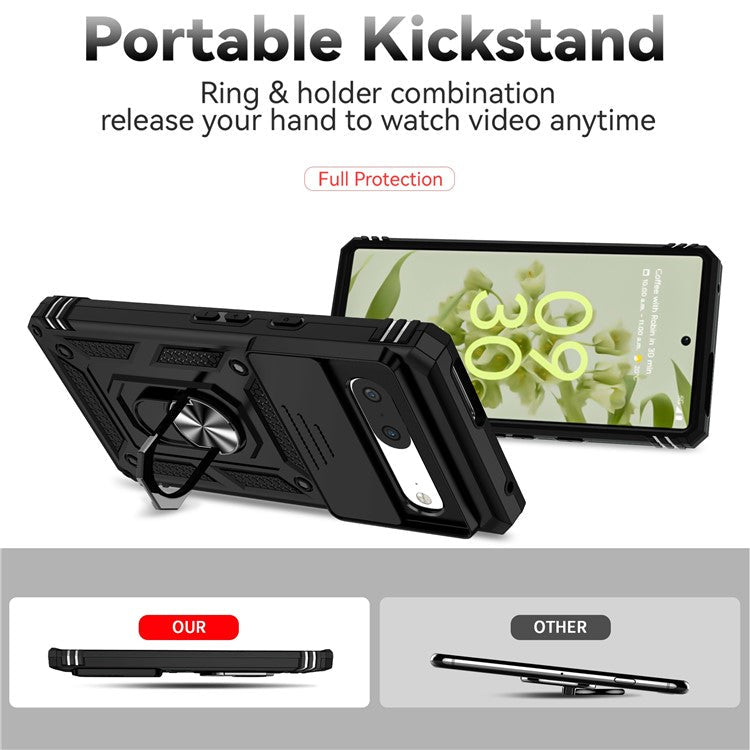 For Google Pixel 7 5G Drop-proof Protective Cover Metal Ring Kickstand PC + TPU Phone Back Case with Slide Camera Protector - Black