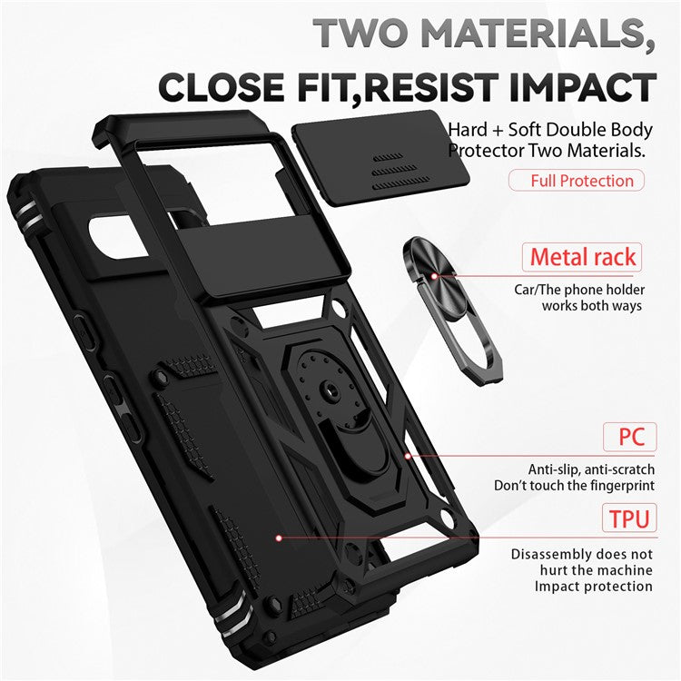 For Google Pixel 7 5G Drop-proof Protective Cover Metal Ring Kickstand PC + TPU Phone Back Case with Slide Camera Protector - Black