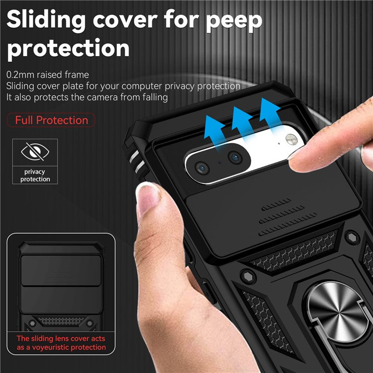 For Google Pixel 7 5G Drop-proof Protective Cover Metal Ring Kickstand PC + TPU Phone Back Case with Slide Camera Protector - Black