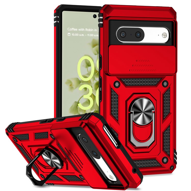For Google Pixel 7 5G Drop-proof Protective Cover Metal Ring Kickstand PC + TPU Phone Back Case with Slide Camera Protector - Red