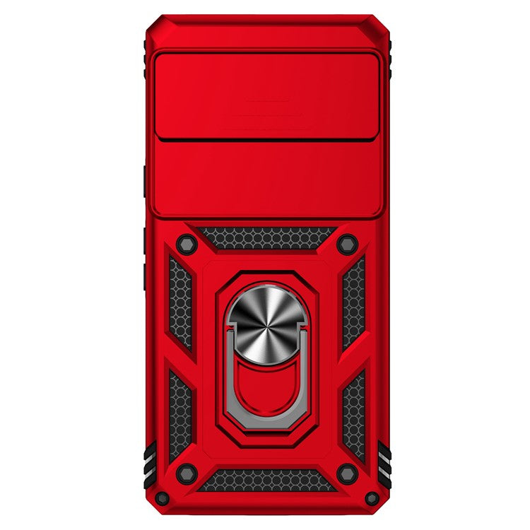 For Google Pixel 7 5G Drop-proof Protective Cover Metal Ring Kickstand PC + TPU Phone Back Case with Slide Camera Protector - Red