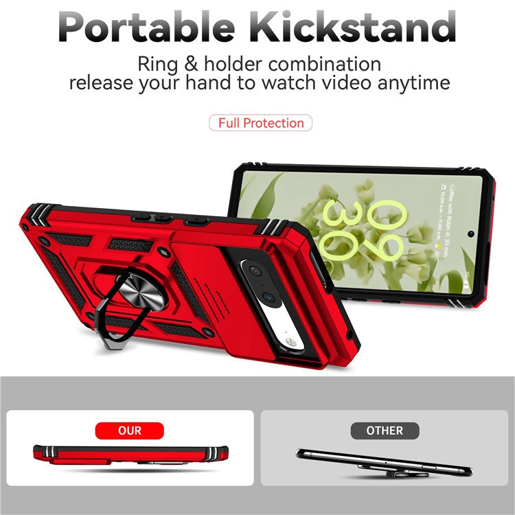 For Google Pixel 7 5G Drop-proof Protective Cover Metal Ring Kickstand PC + TPU Phone Back Case with Slide Camera Protector - Red