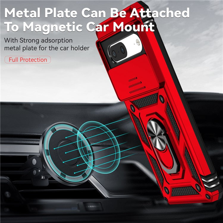 For Google Pixel 7 5G Drop-proof Protective Cover Metal Ring Kickstand PC + TPU Phone Back Case with Slide Camera Protector - Red