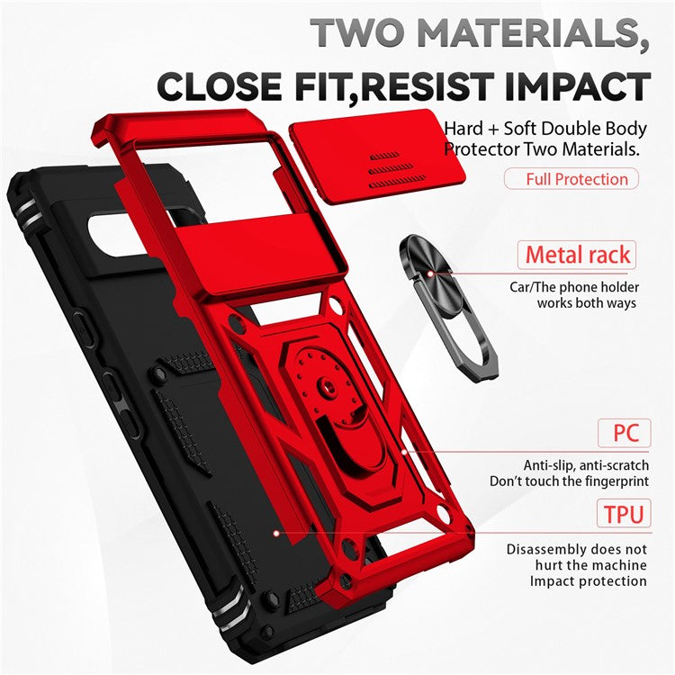 For Google Pixel 7 5G Drop-proof Protective Cover Metal Ring Kickstand PC + TPU Phone Back Case with Slide Camera Protector - Red